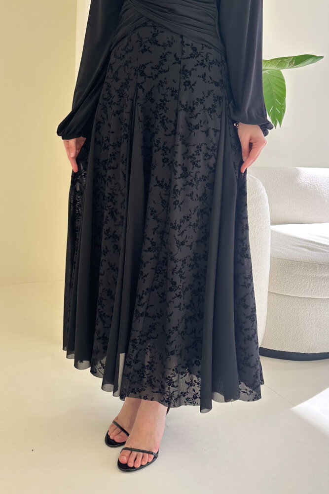 Valen Flok Tül Baskılı Etek - Siyah - 7