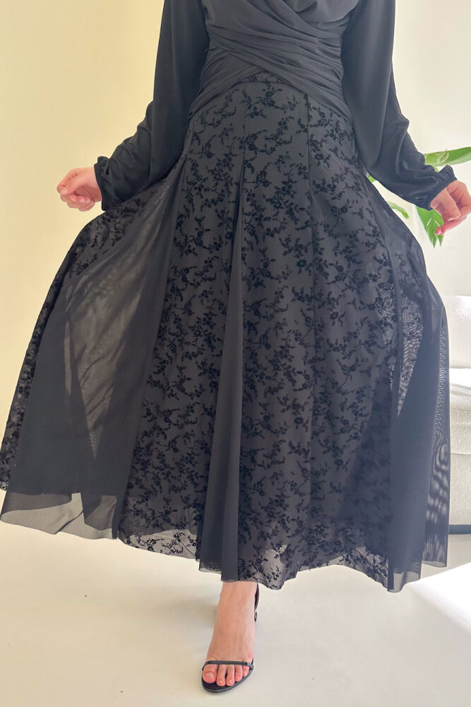 Valen Flok Tül Baskılı Etek - Siyah - 1