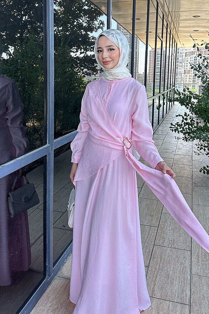 Velmora Asimetrik Tokalı Elbise - Pembe - 2