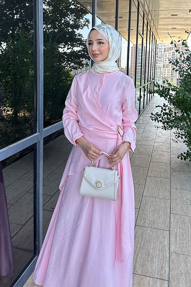 Velmora Asimetrik Tokalı Elbise - Pembe - İKOL (4)