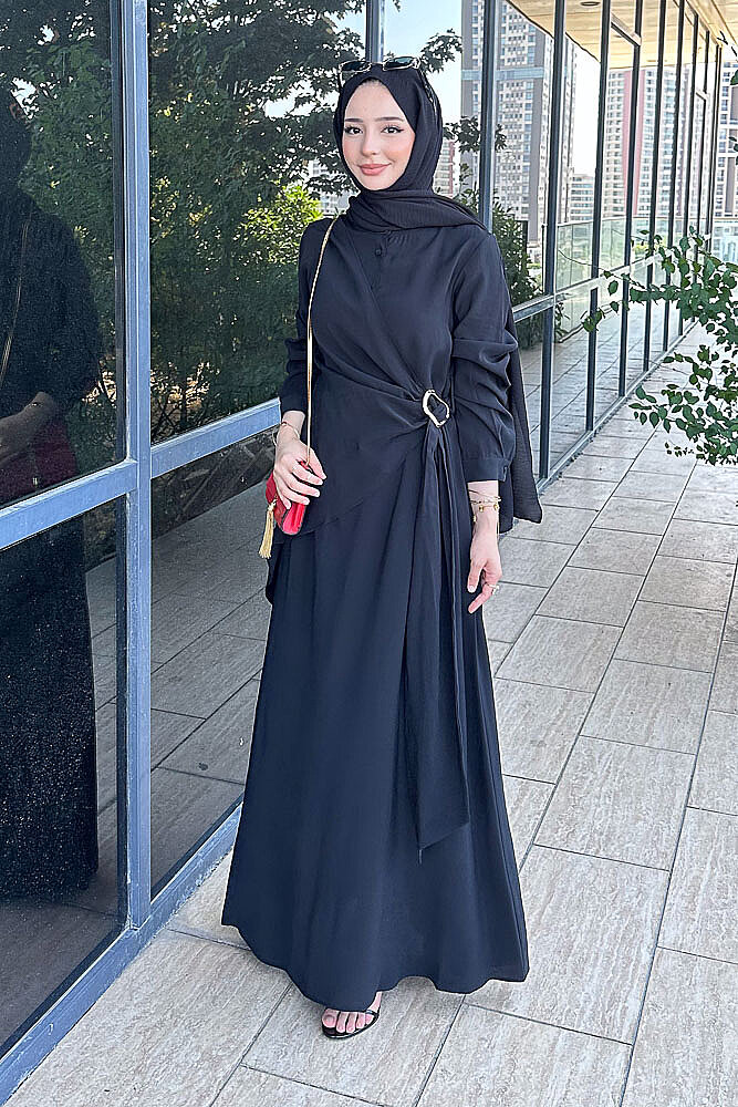 Velmora Asimetrik Tokalı Elbise - Siyah - 6