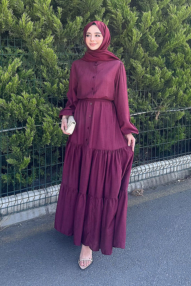 Vena Önden Düğmeli Kemerli Elbise - Bordo - PUANE (5)