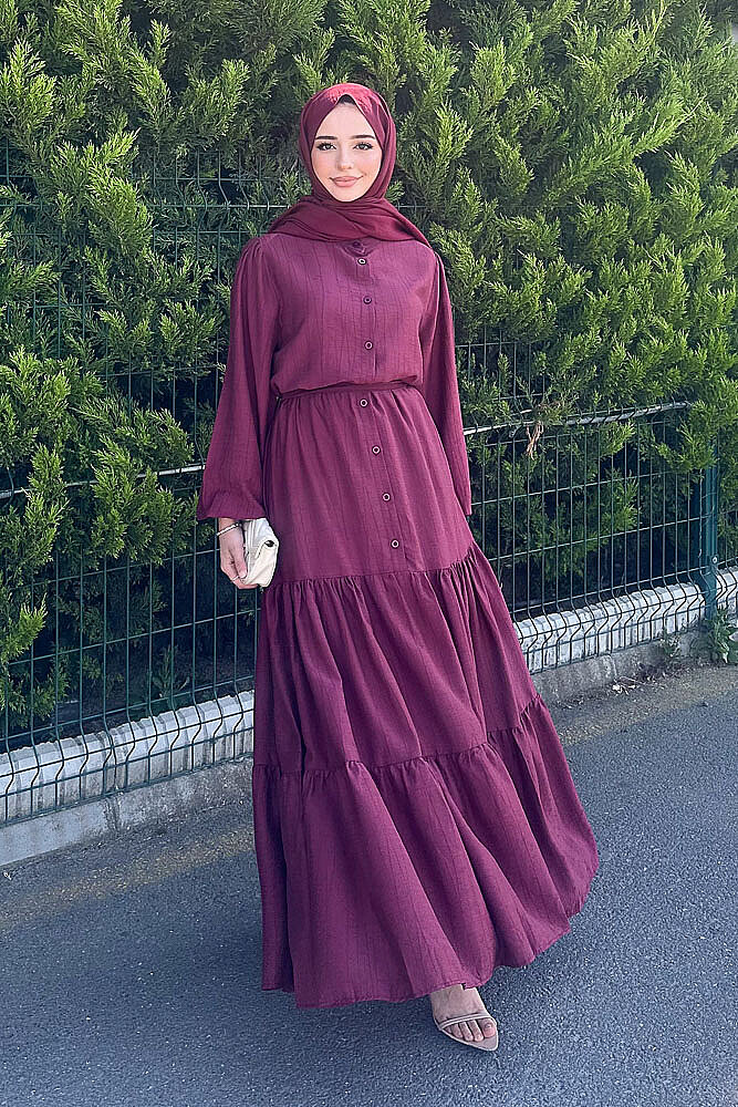 Vena Önden Düğmeli Kemerli Elbise - Bordo - PUANE (0)