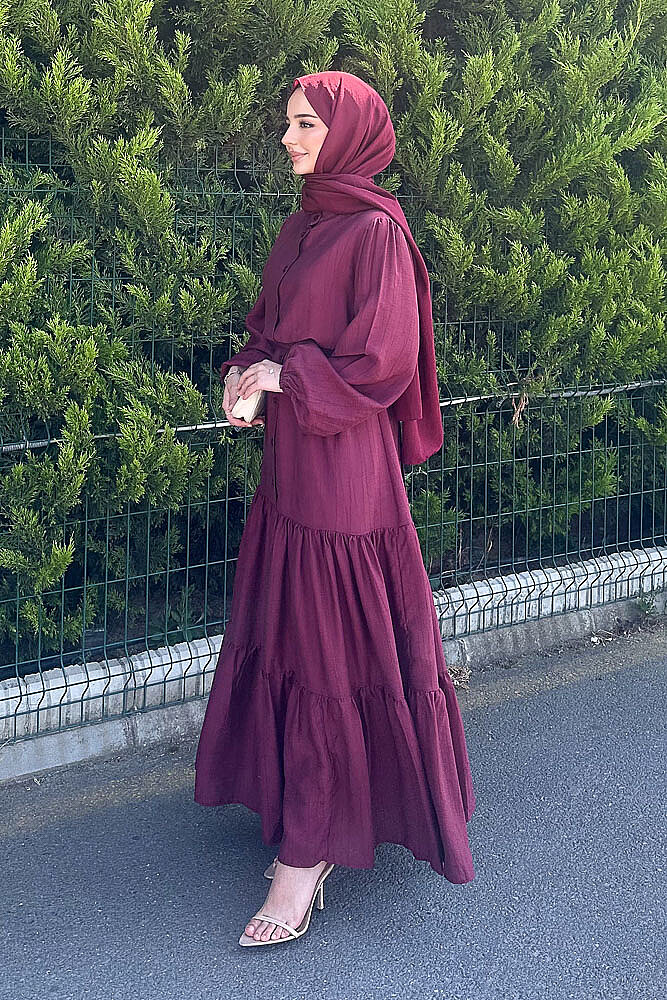 Vena Önden Düğmeli Kemerli Elbise - Bordo - 3