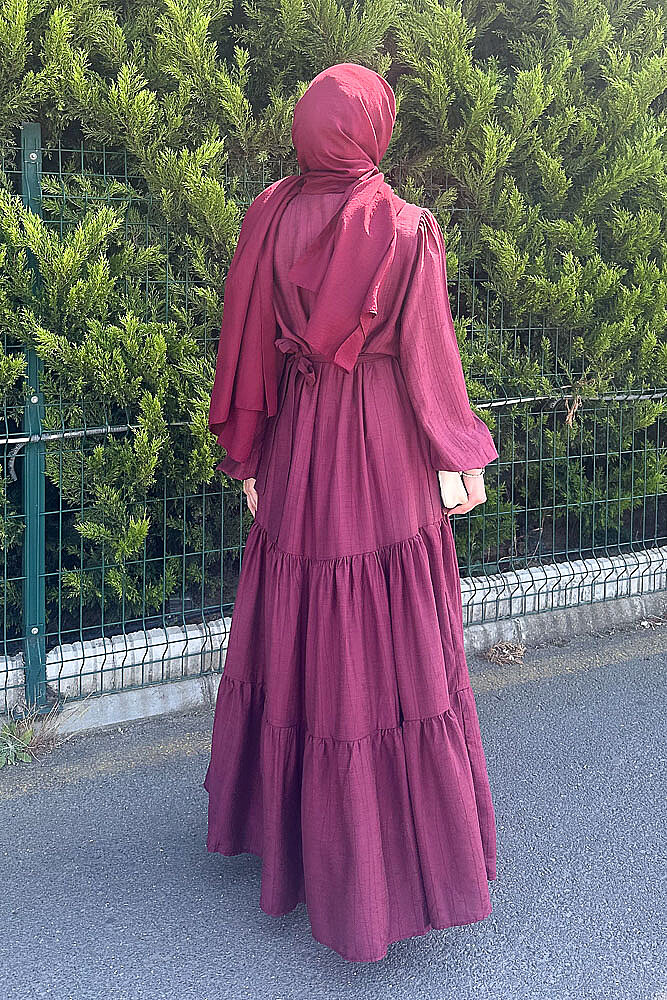 Vena Önden Düğmeli Kemerli Elbise - Bordo - 2