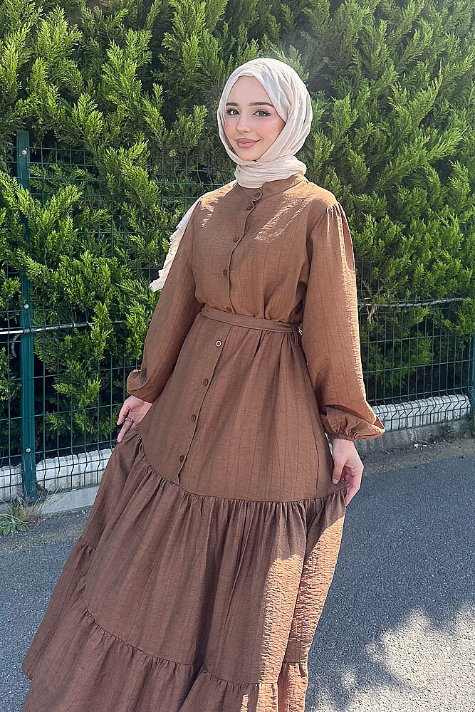 Vena Önden Düğmeli Kemerli Elbise - Kahverengi - 2
