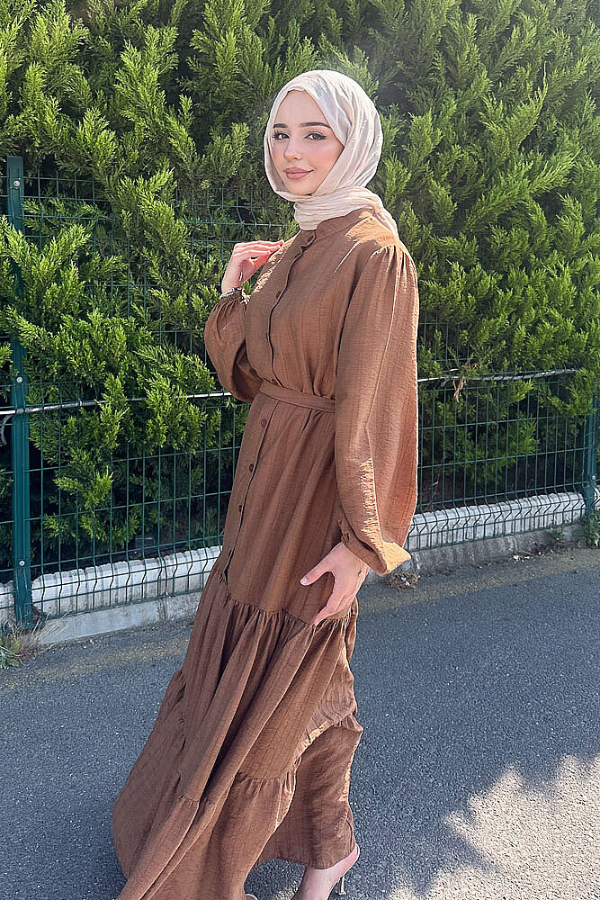 Vena Önden Düğmeli Kemerli Elbise - Kahverengi - 5