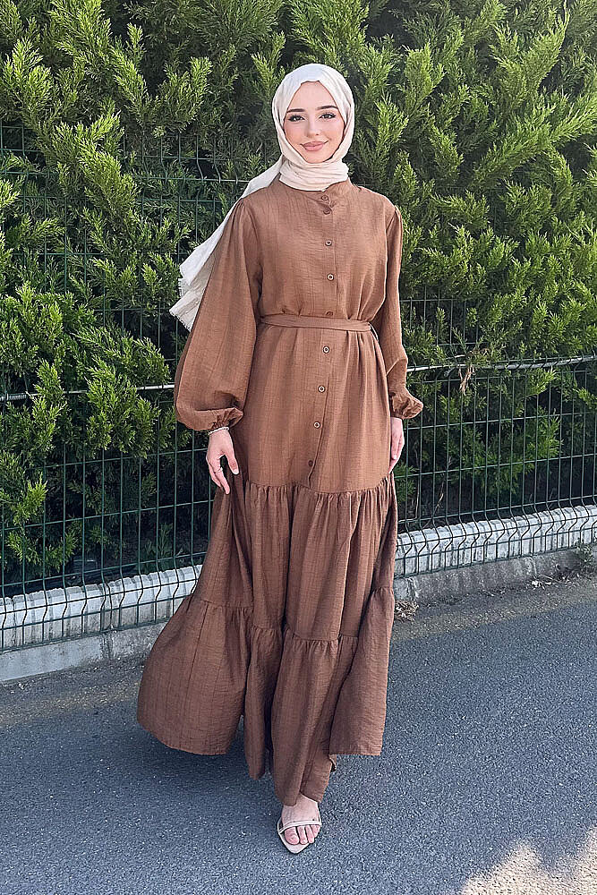 Vena Önden Düğmeli Kemerli Elbise - Kahverengi - 6