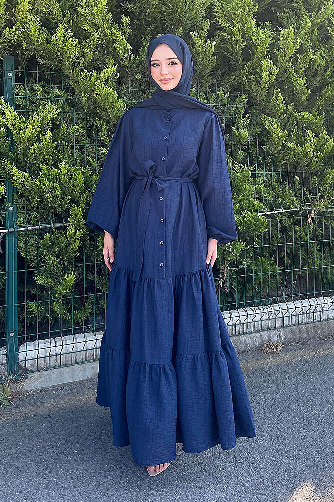 Vena Önden Düğmeli Kemerli Elbise - Lacivert - 3