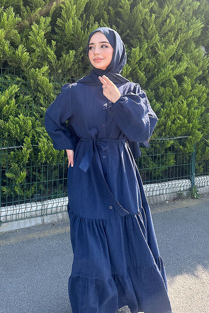 Vena Önden Düğmeli Kemerli Elbise - Lacivert - 4