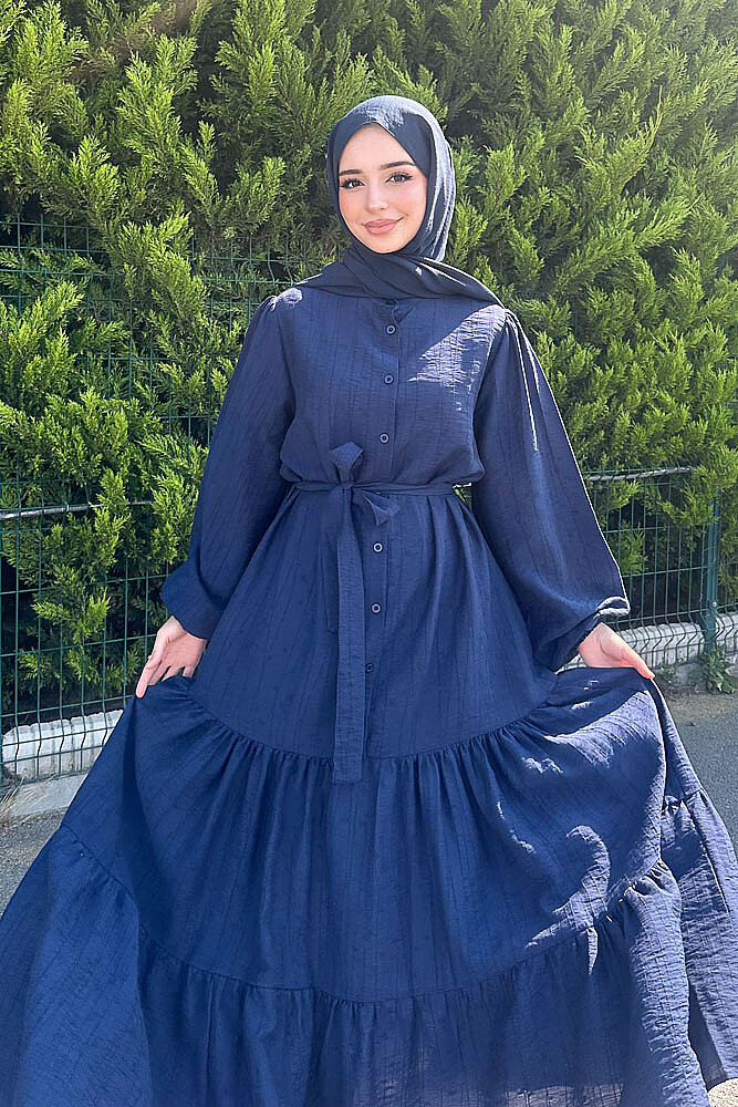 Vena Önden Düğmeli Kemerli Elbise - Lacivert - PUANE (1)