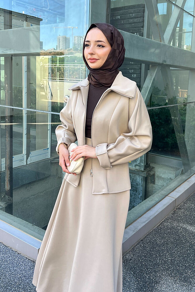 Vera Scuba Kloş Etekli Takım - Bej - 2