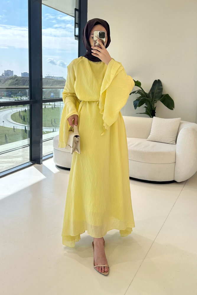 Victoria İspanyol Kol Tül Elbise - Sarı - 2