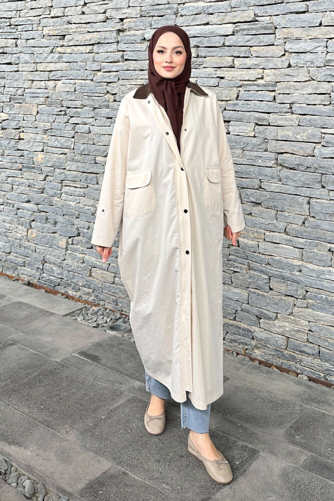 Vienna Yakası Kadife Trençkot - Bej - ALLMİSS (5)