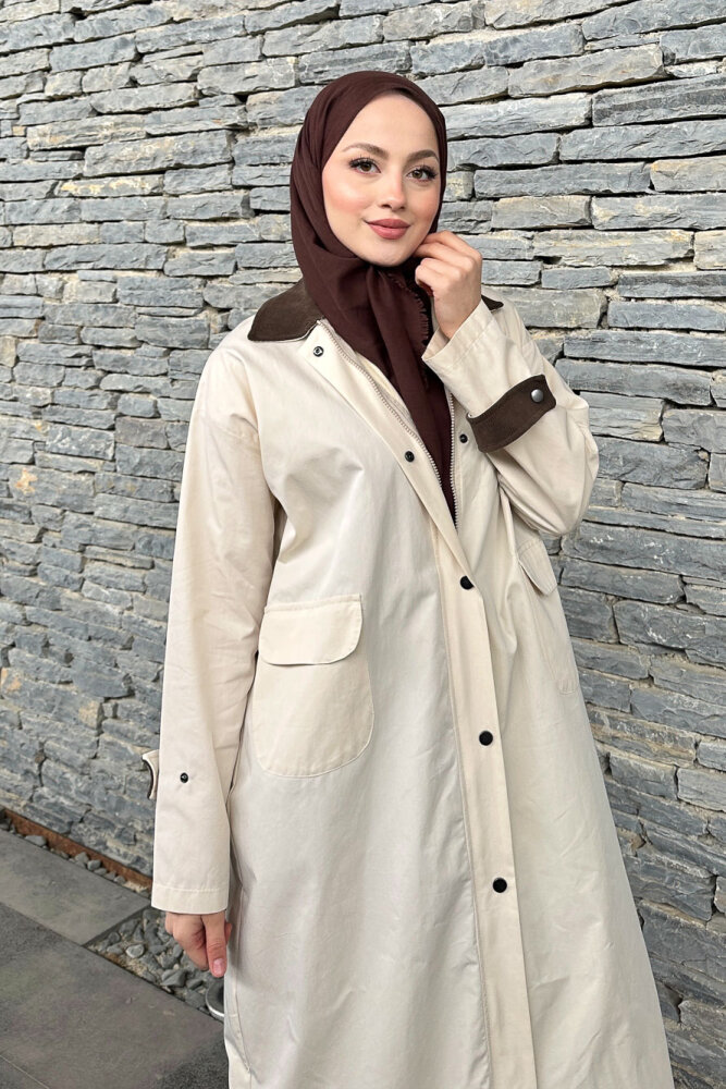 Vienna Yakası Kadife Trençkot - Bej - ALLMİSS (1)