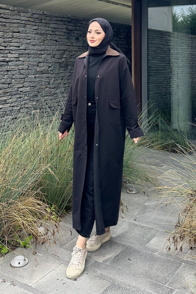 Vienna Yakası Kadife Trençkot - Siyah - ALLMİSS (1)