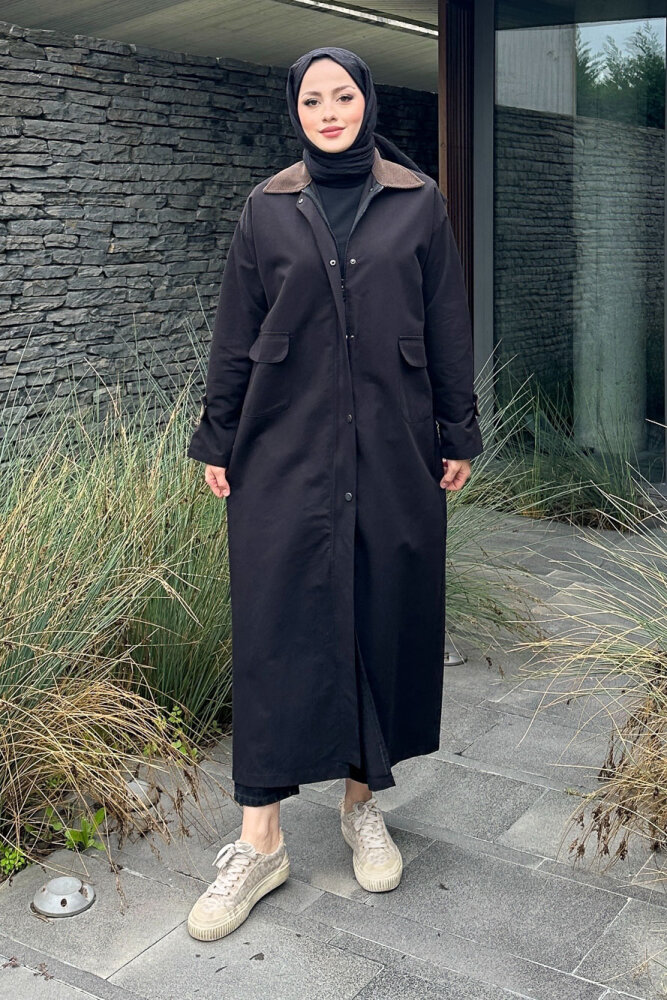 Vienna Yakası Kadife Trençkot - Siyah - ALLMİSS (3)