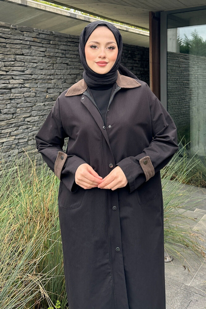 Vienna Yakası Kadife Trençkot - Siyah - 5