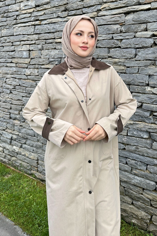 Vienna Yakası Kadife Trençkot - Taş Rengi - 7