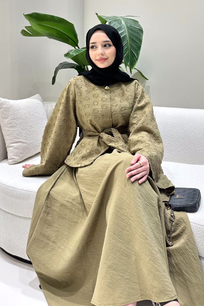 Virella Düz Kesim Bağlamalı Takım - Yağ Yeşili - 6