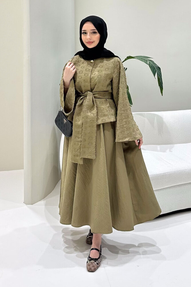Virella Düz Kesim Bağlamalı Takım - Yağ Yeşili - 7