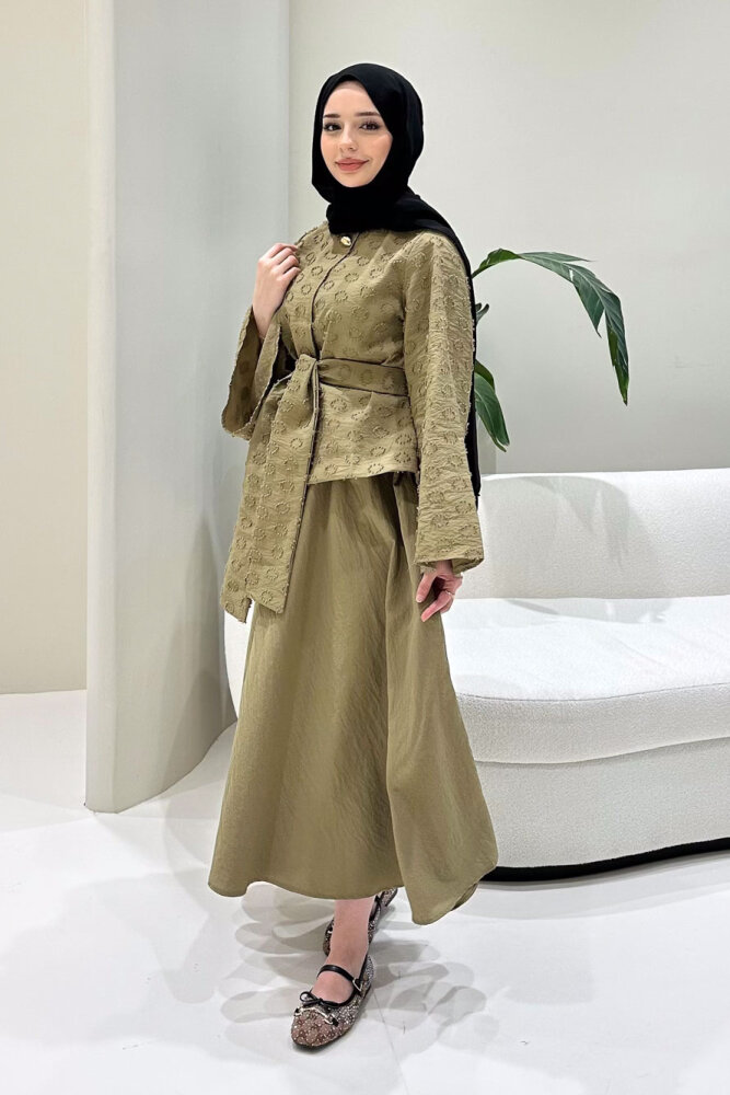 Virella Düz Kesim Bağlamalı Takım - Yağ Yeşili - 3