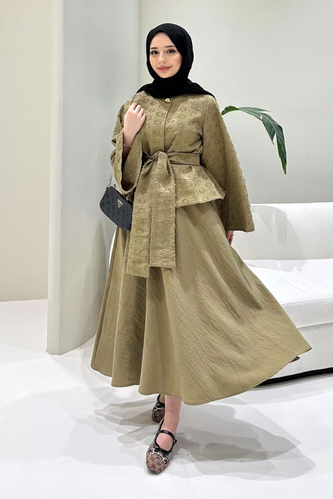 Virella Düz Kesim Bağlamalı Takım - Yağ Yeşili - 4