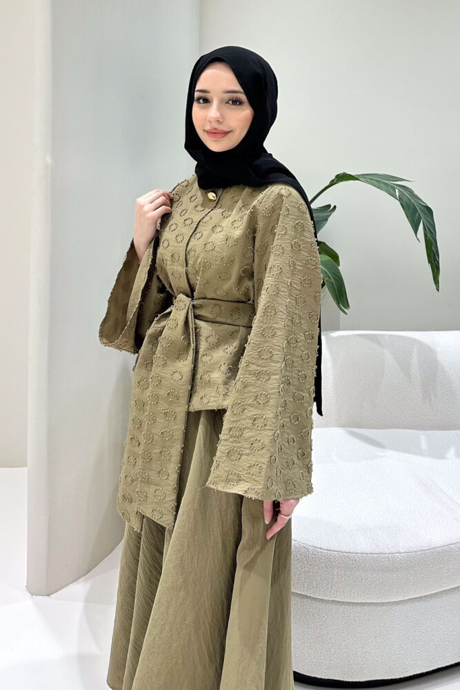 Virella Düz Kesim Bağlamalı Takım - Yağ Yeşili - 8