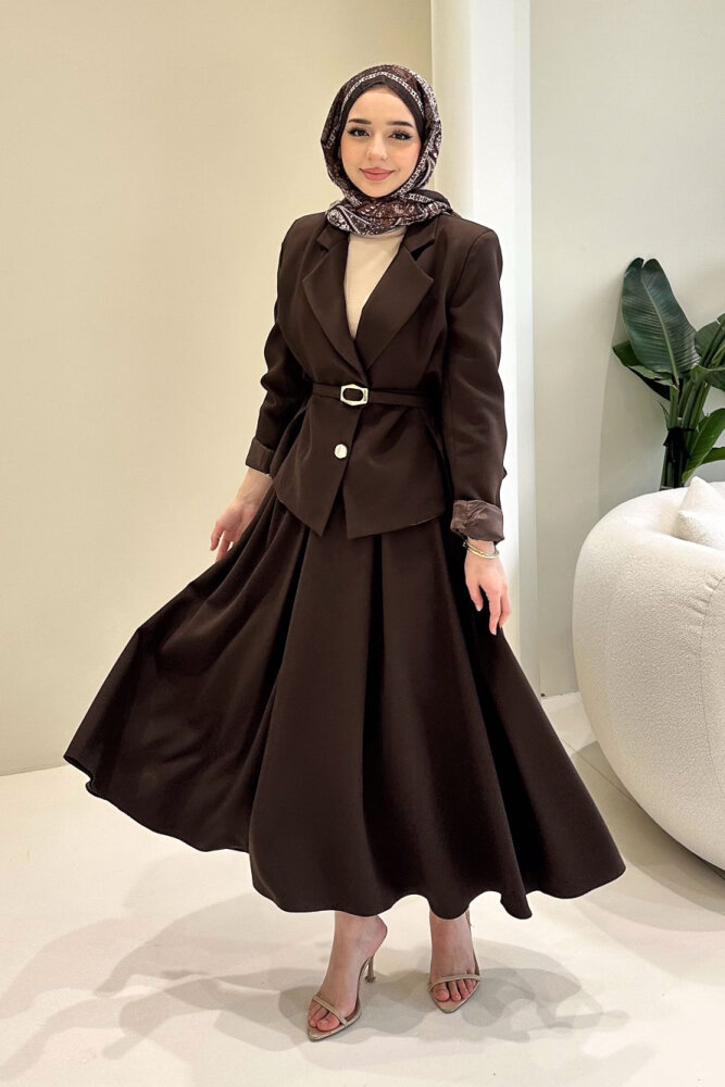 Viviana Ceket Etek Takım - Kahverengi - 5