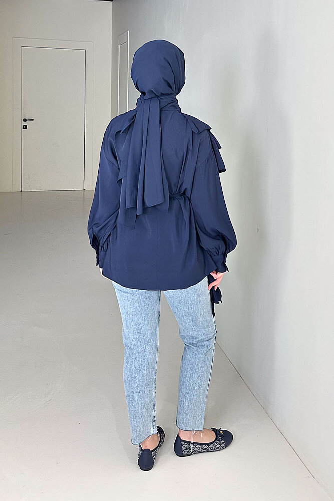 Volan Detaylı Bağcıklı Gömlek - Lacivert - 6