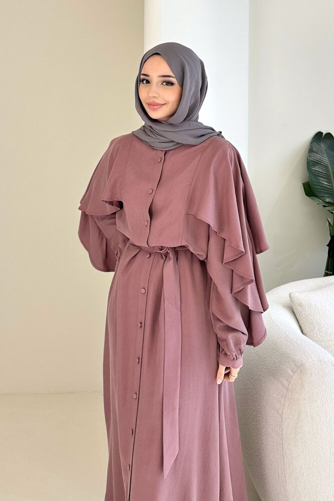 Volan Kol Detaylı Gömlek Elbise - Gül kurusu - İKOL (4)