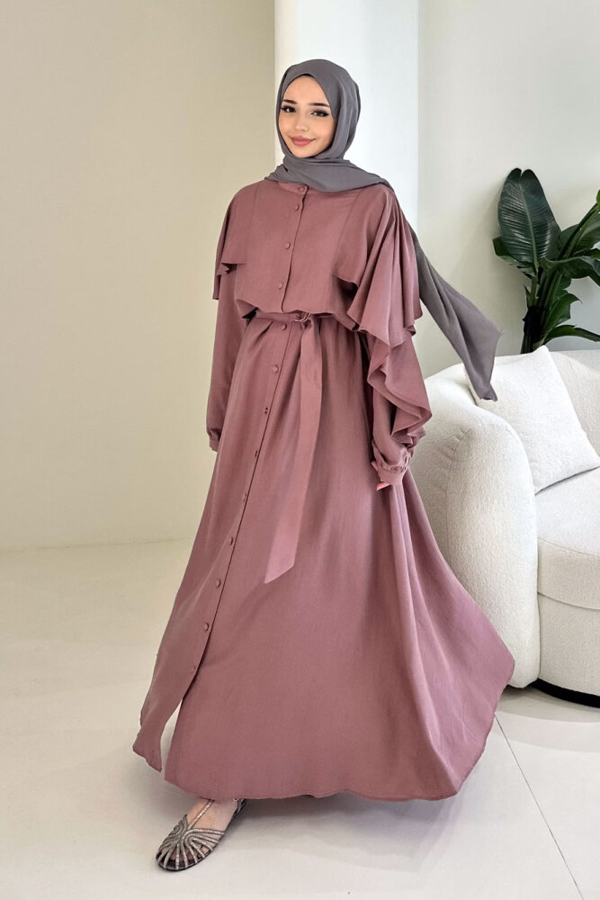 Volan Kol Detaylı Gömlek Elbise - Gül kurusu - 6