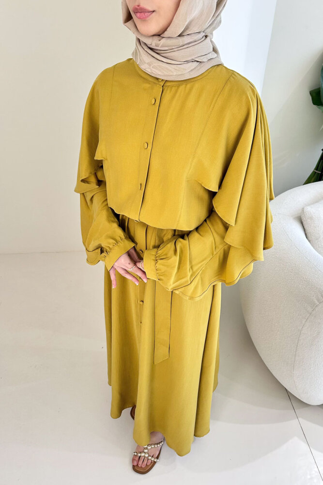Volan Kol Detaylı Gömlek Elbise - Hardal Sarısı - 5