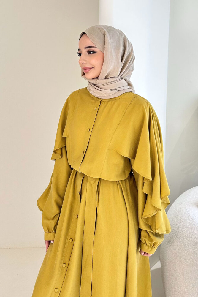 Volan Kol Detaylı Gömlek Elbise - Hardal Sarısı - 3