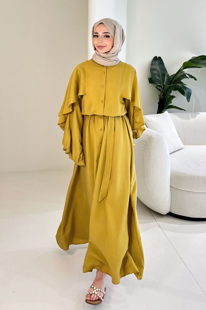 Volan Kol Detaylı Gömlek Elbise - Hardal Sarısı - İKOL (0)