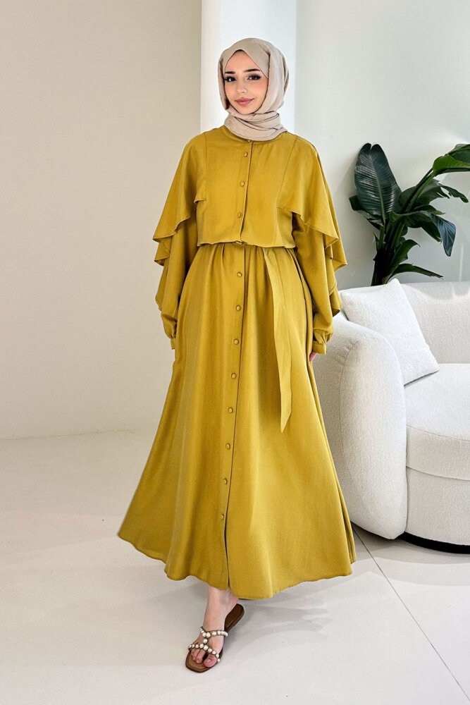 Volan Kol Detaylı Gömlek Elbise - Hardal Sarısı - 6