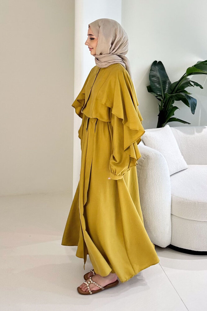 Volan Kol Detaylı Gömlek Elbise - Hardal Sarısı - 2