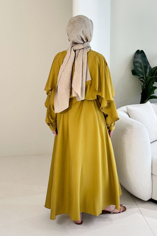 Volan Kol Detaylı Gömlek Elbise - Hardal Sarısı - 8