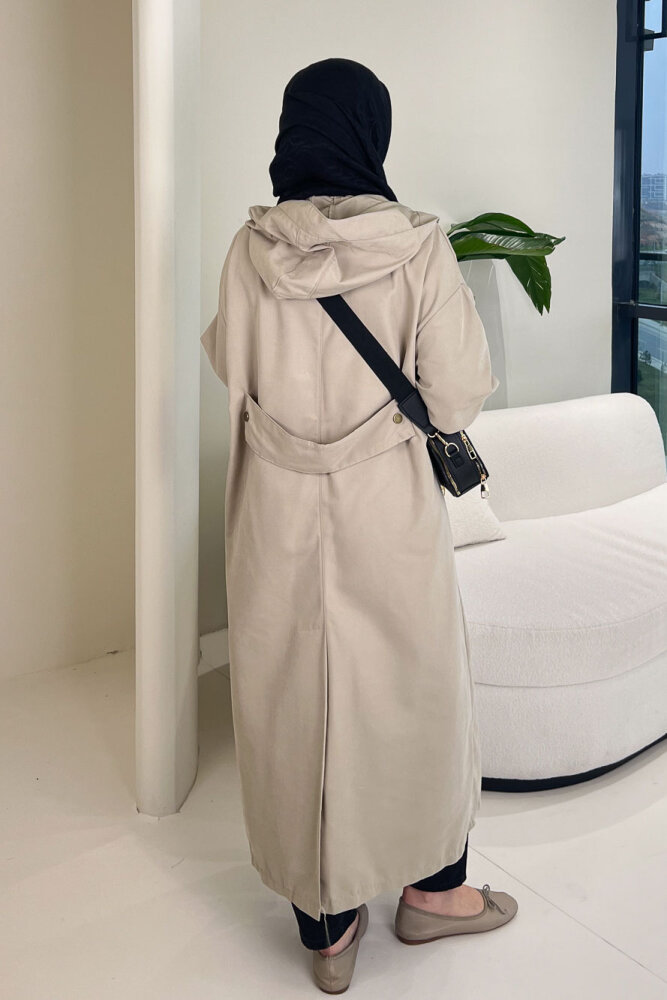 Woné Kapüşonlu Geniş Cepli Trençkot - Bej - ALLMİSS (4)