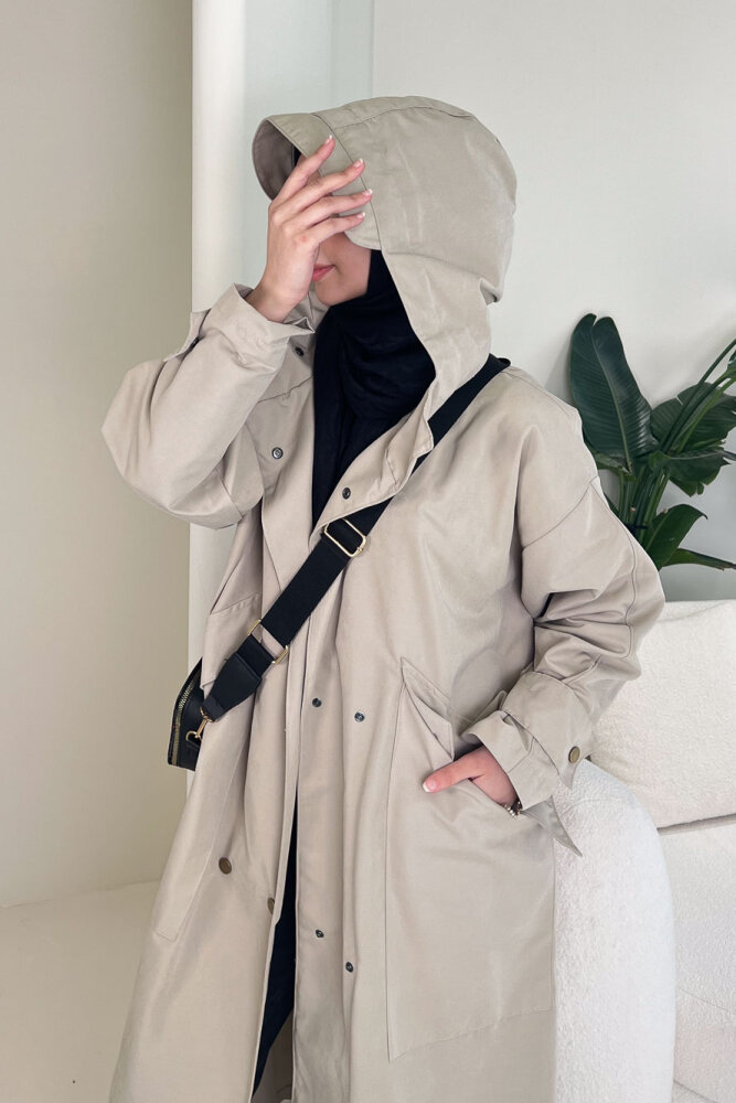 Woné Kapüşonlu Geniş Cepli Trençkot - Bej - 6