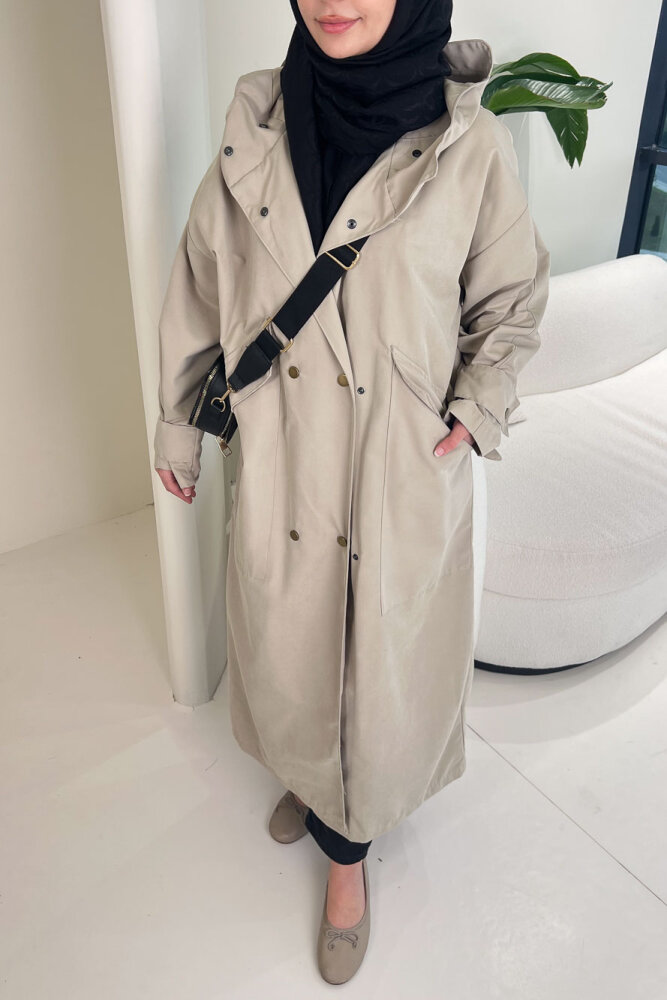 Woné Kapüşonlu Geniş Cepli Trençkot - Bej - 3