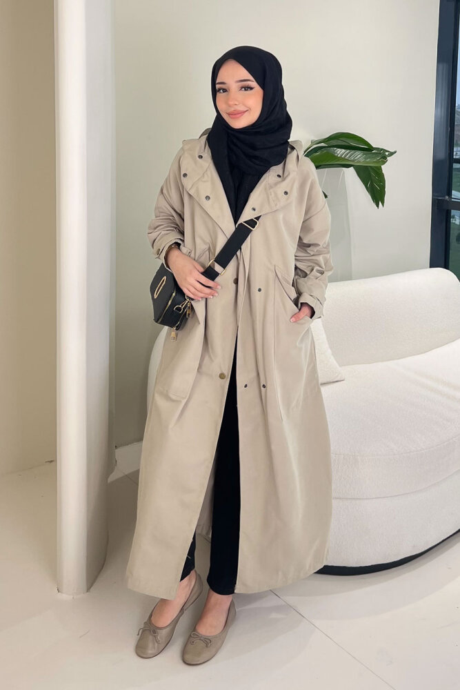 Woné Kapüşonlu Geniş Cepli Trençkot - Bej - 4