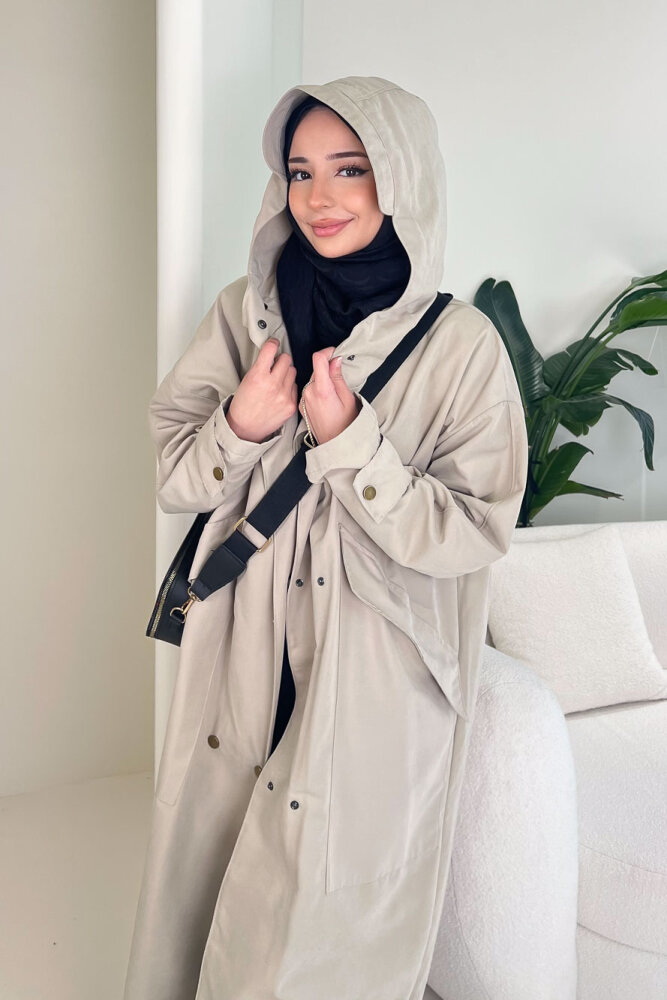 Woné Kapüşonlu Geniş Cepli Trençkot - Bej - ALLMİSS (1)