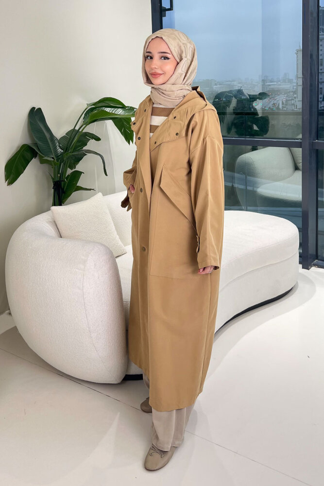Woné Kapüşonlu Geniş Cepli Trençkot - Camel - ALLMİSS (3)