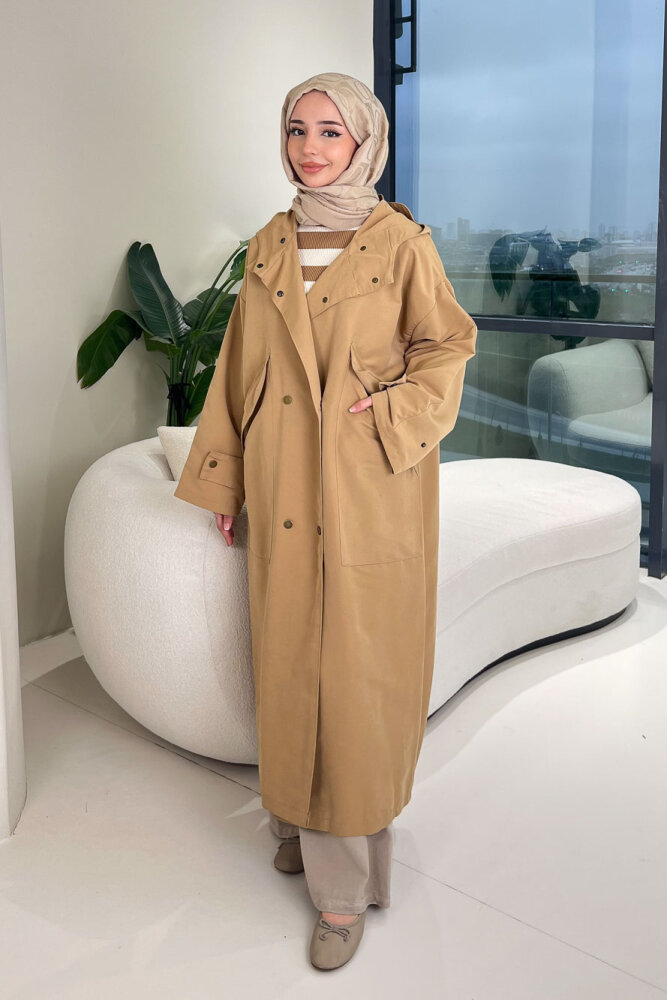 Woné Kapüşonlu Geniş Cepli Trençkot - Camel - 1