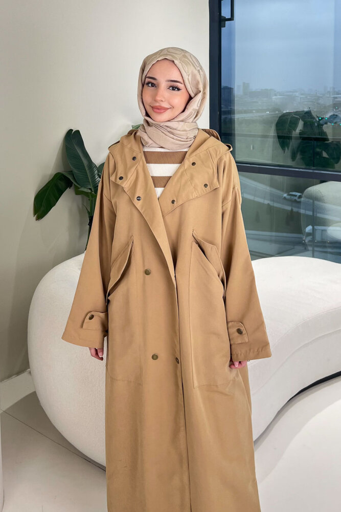 Woné Kapüşonlu Geniş Cepli Trençkot - Camel - 5