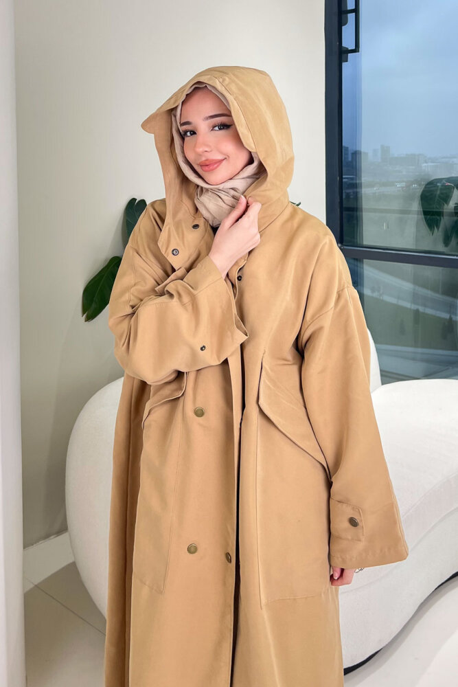 Woné Kapüşonlu Geniş Cepli Trençkot - Camel - ALLMİSS (1)
