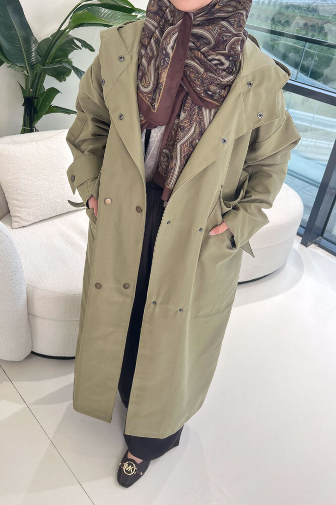 Woné Kapüşonlu Geniş Cepli Trençkot - Haki - ALLMİSS (4)