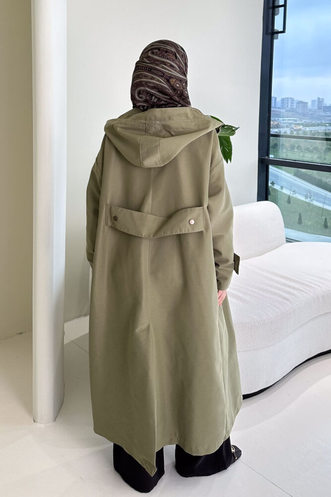 Woné Kapüşonlu Geniş Cepli Trençkot - Haki - ALLMİSS (5)