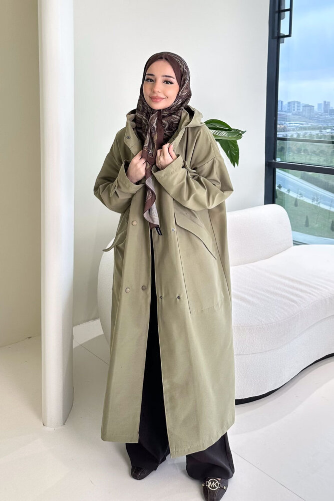 Woné Kapüşonlu Geniş Cepli Trençkot - Haki 
